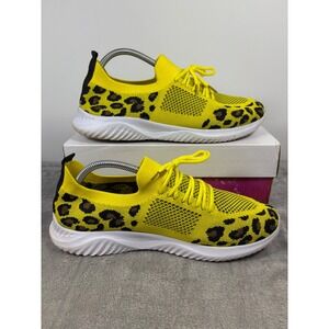 Yellow Leopard Print Knit Sneakers Mens EU 44 Lightweight Athletic Shoes